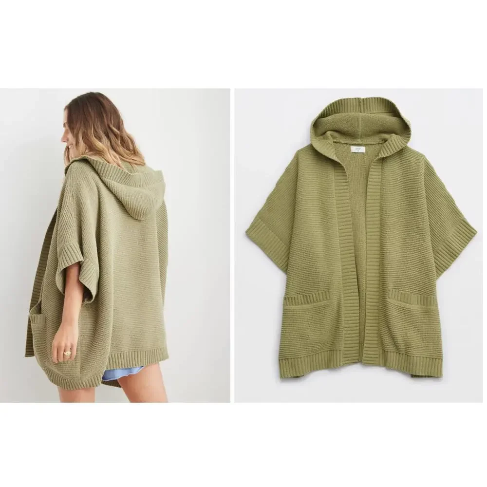 Aerie Women's Sleeveless Hooded Knit Oversized Green Poncho Cardigan size S